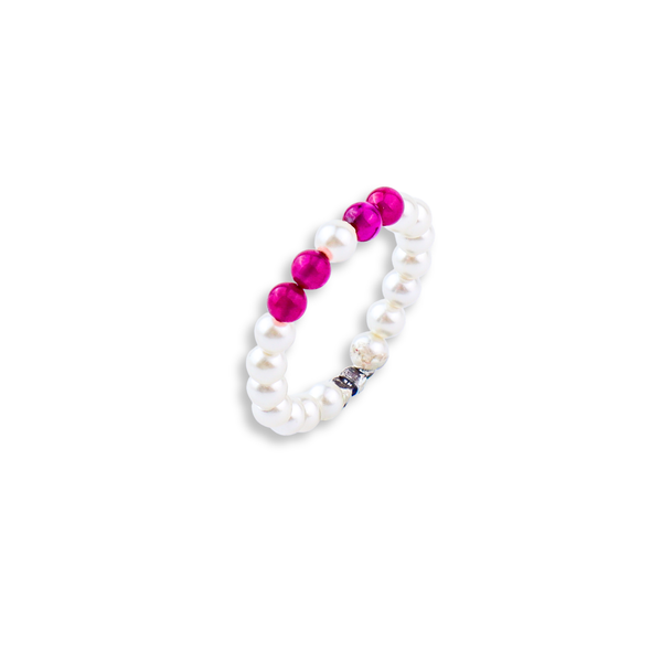 Silver Pearl Ring with Ruby Stones