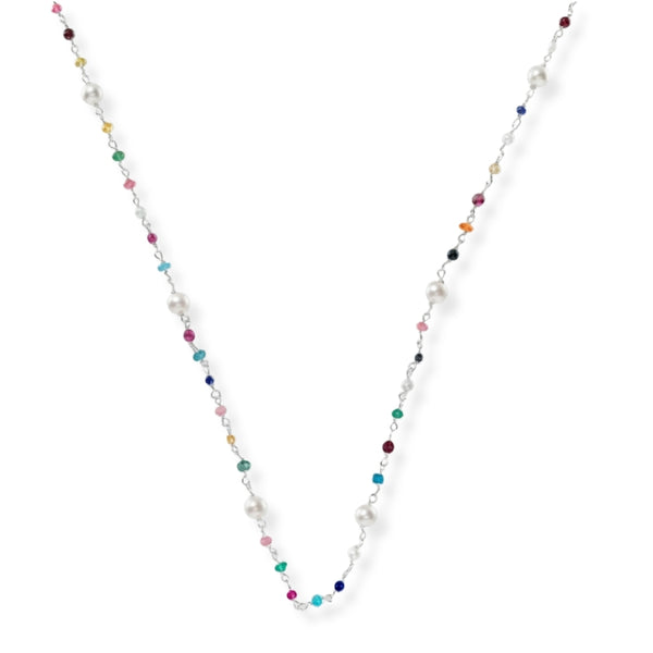 Multicolour Small Stone Ganthan Necklace with Pearls in 92.5 sterling silver