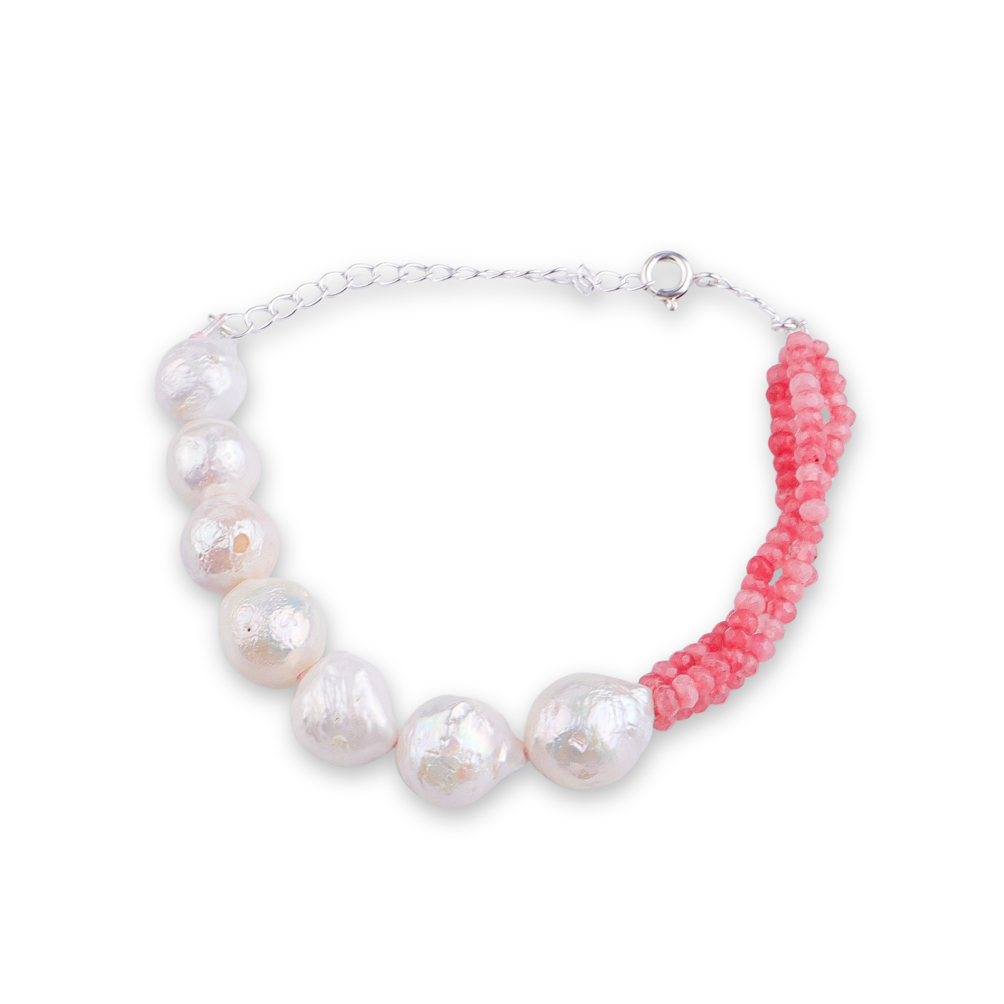 Baroque Pearl & Pink Jade Silver Bracelet (Project Handmade)