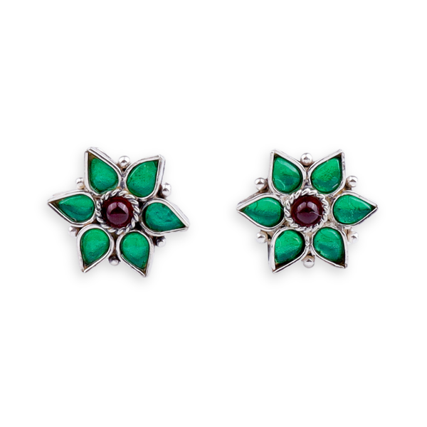 Silver Green Nakshatra Flower Earring
