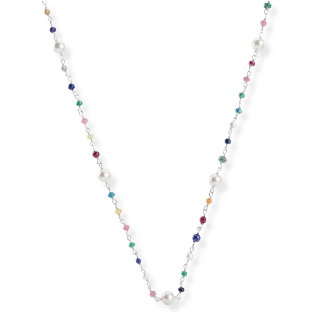 Multicolour Small Stone Ganthan Necklace with Pearls in 92.5 sterling silver