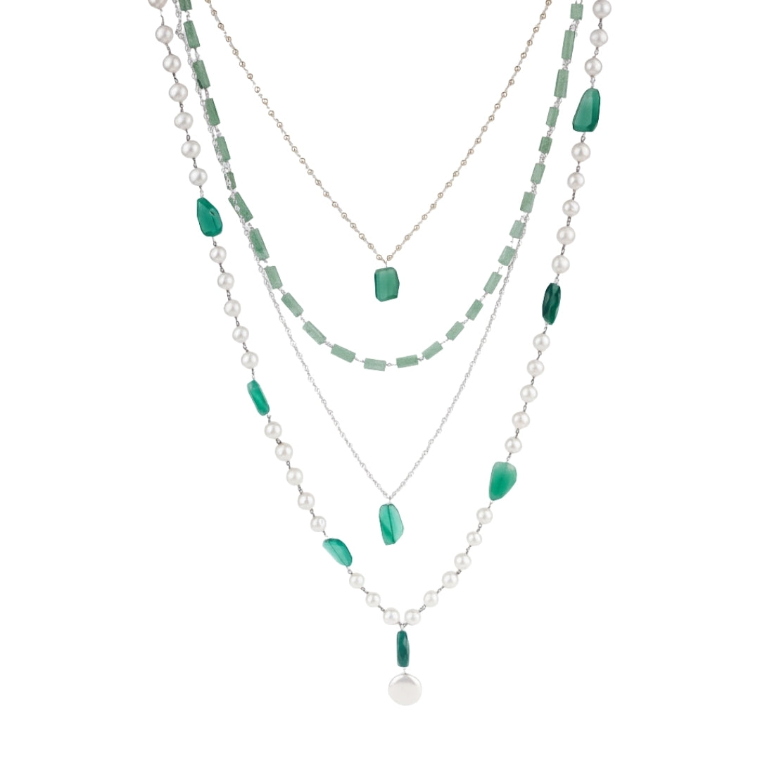 Luxe Necklace - Russian Emrald Stone, Green Onyx & Fresh Water Pearls