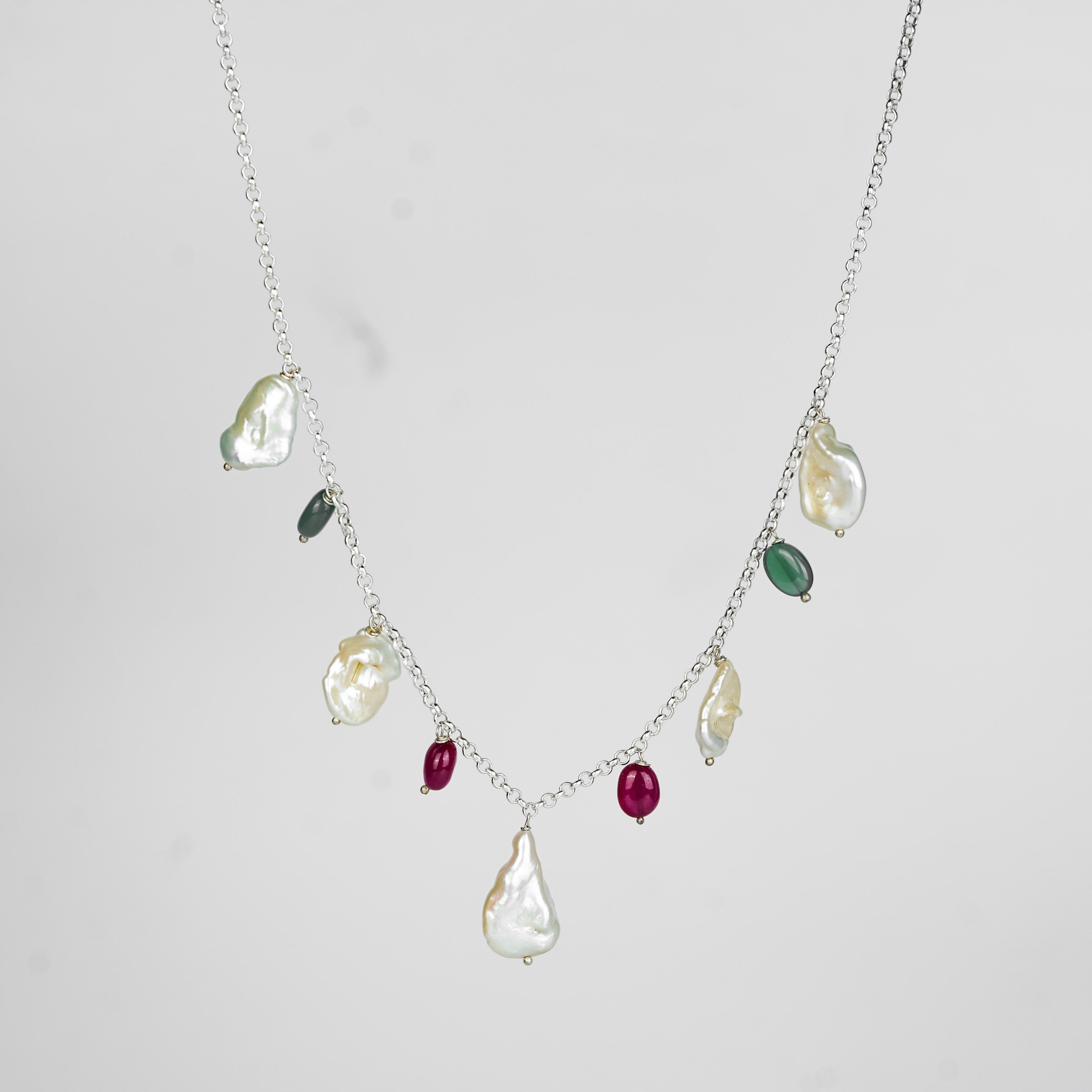 Silver Ruby, Green Onyx and Boroque Pearl Chain