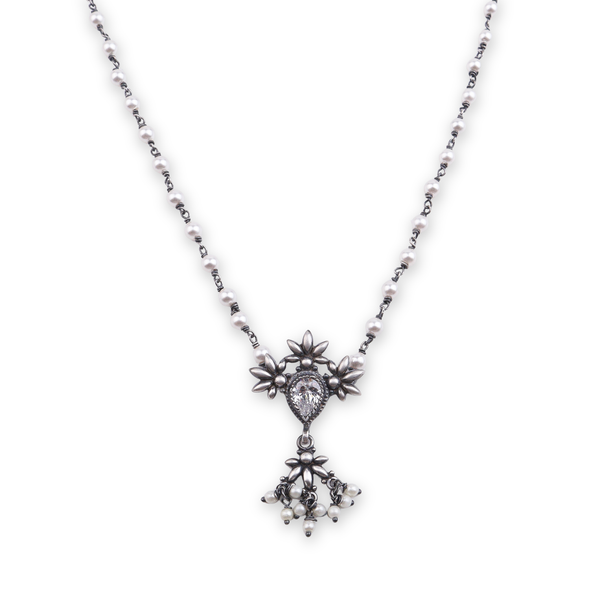 Oxidised Silver Petal Tanmani Necklace with Pearls