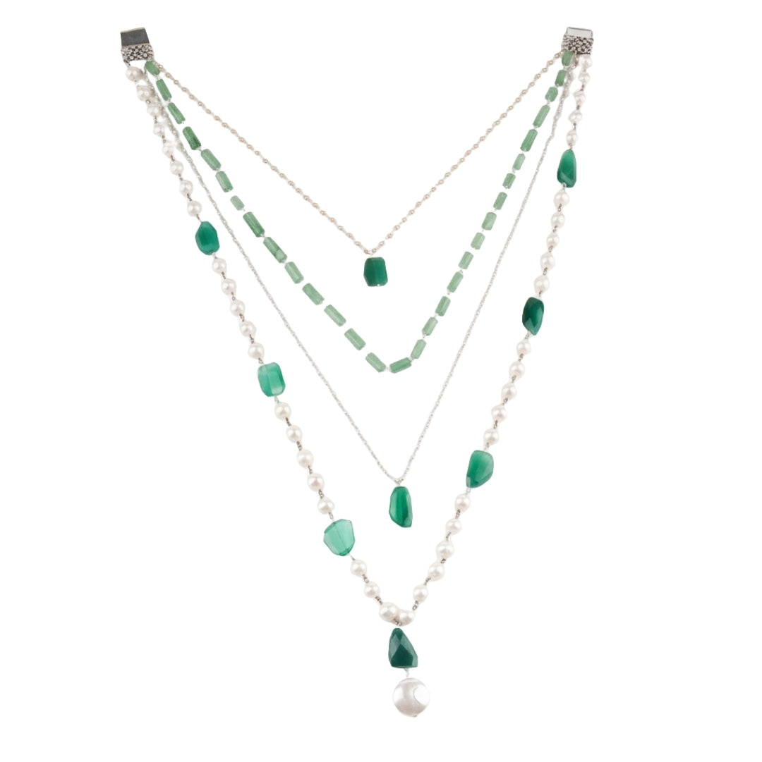 Luxe Necklace - Russian Emrald Stone, Green Onyx & Fresh Water Pearls