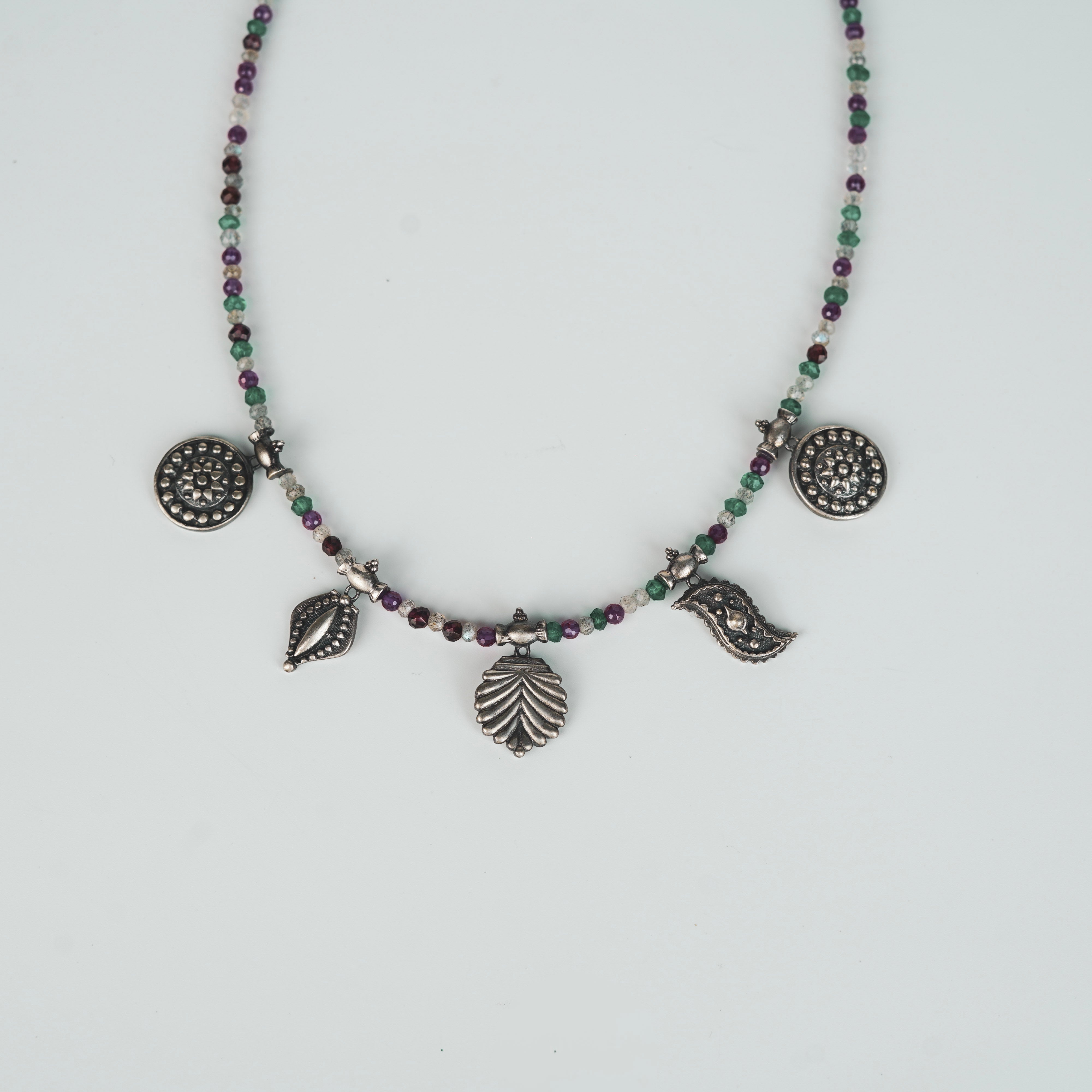 Oxidized Multi charm Necklace with Multi colour Stones (Big)