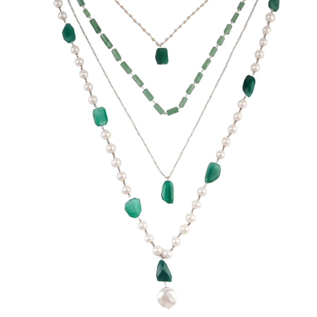 Luxe Necklace - Russian Emrald Stone, Green Onyx & Fresh Water Pearls