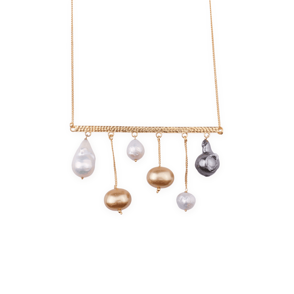 Abstract Gold Necklace with Baroque, Golden, and Fresh Water Pearls