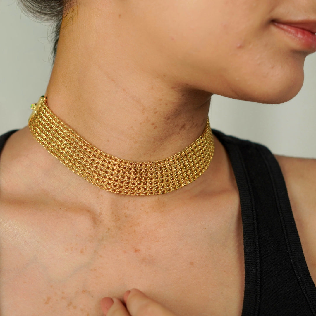 Model wearing gold plated silver choker necklace for jewelry and accessories