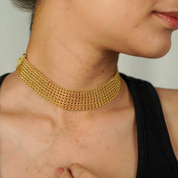 Model wearing gold plated silver choker necklace for jewelry and accessories