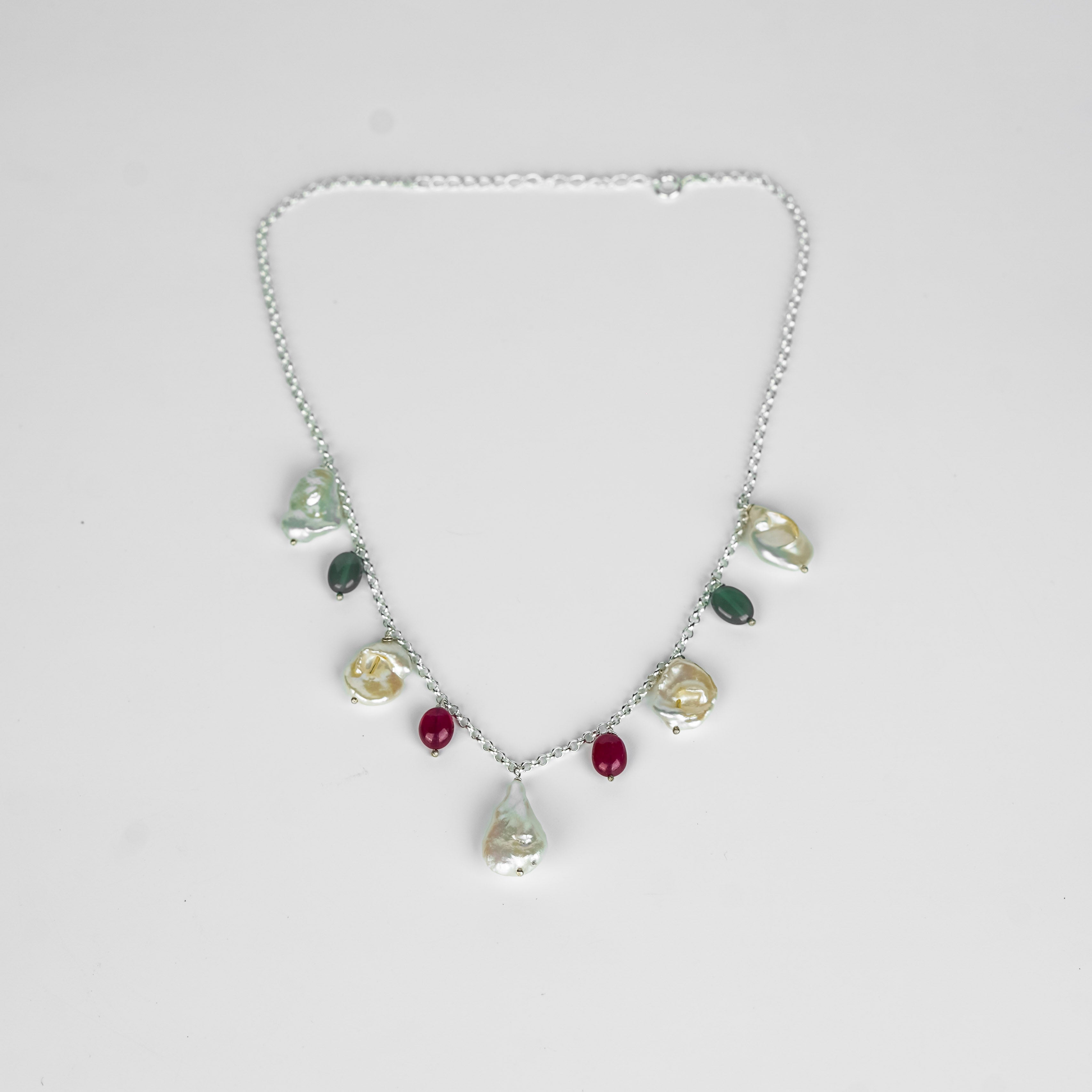 Silver Ruby, Green Onyx and Boroque Pearl Chain