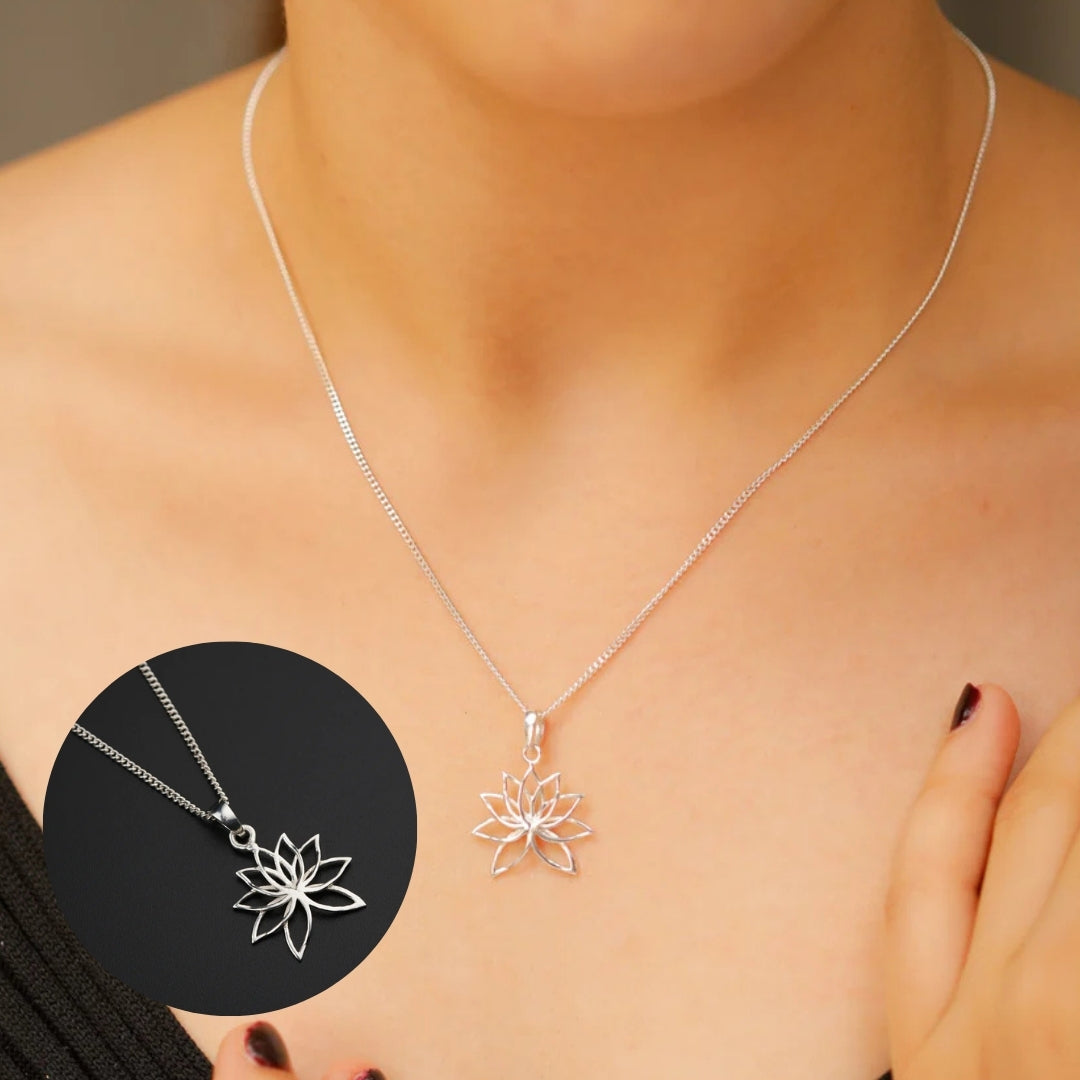 Handcrafted lotus silver necklace polished finish