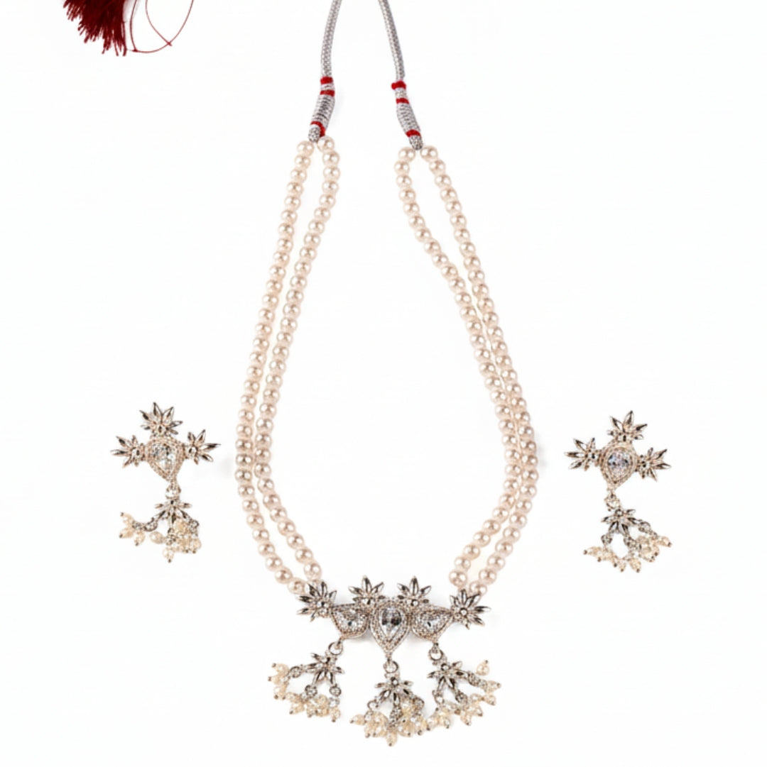 Silver CZ Flower Tanmani Set with Pearls (3 Leaf)