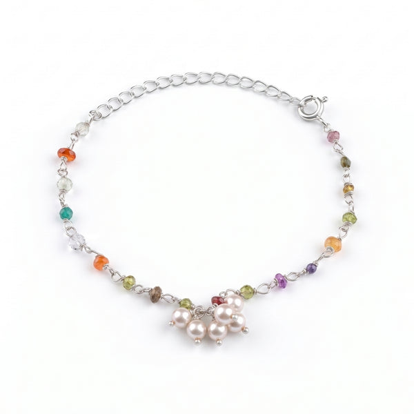 Multicolor Stone & Pearl Bunch Silver Bracelet (Project Handmade)
