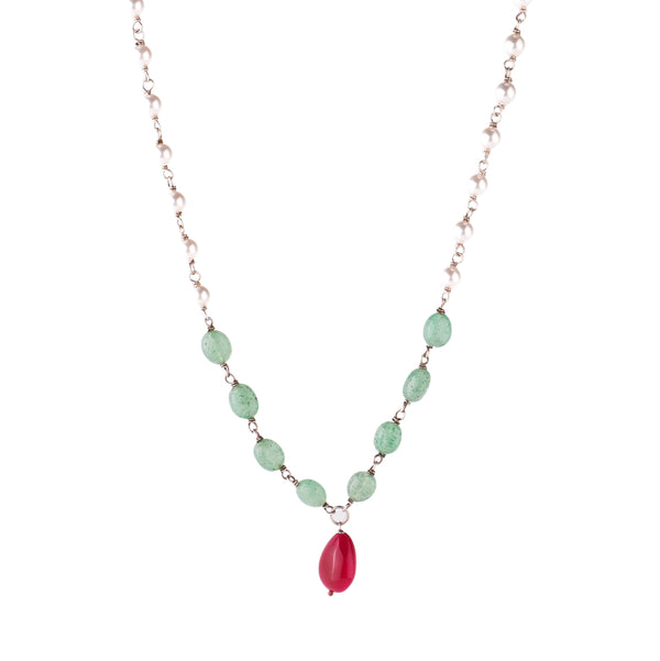 Silver pearl ganthan ruby necklace with green jade in 92.5 sterling silver