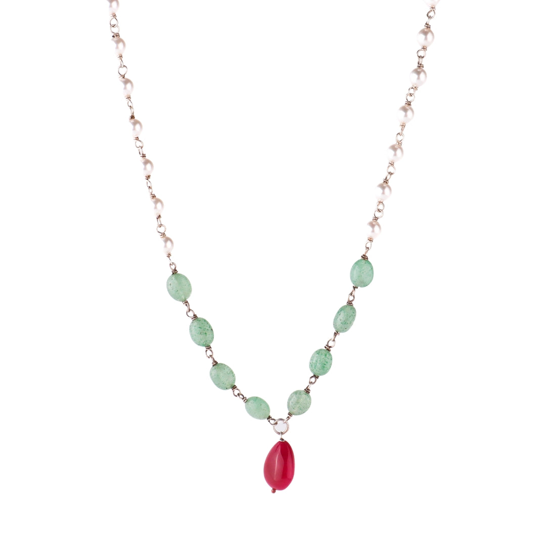 Silver pearl ganthan ruby necklace with green jade in 92.5 sterling silver