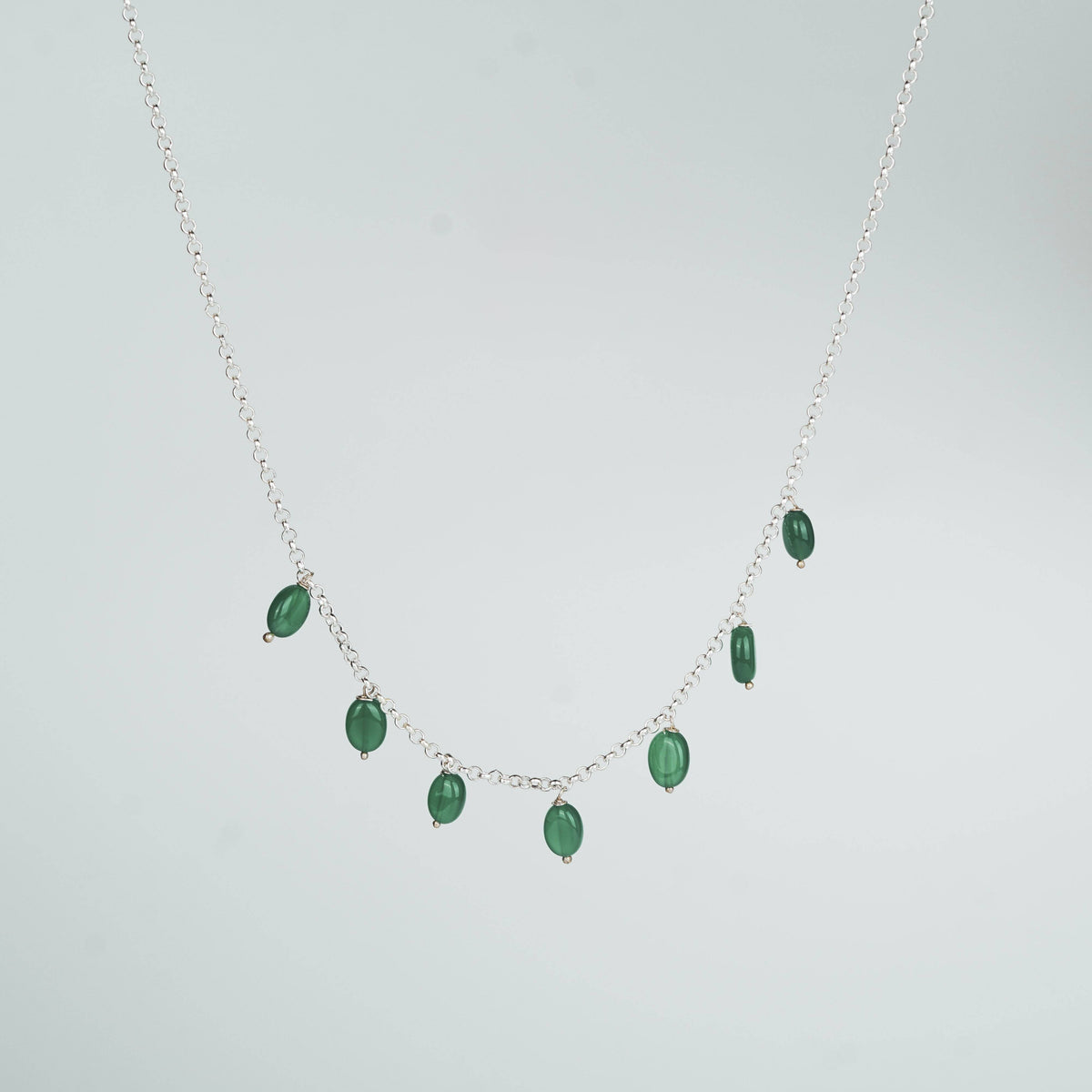 Model wearing Silver Green Onyx Chain for everyday styling