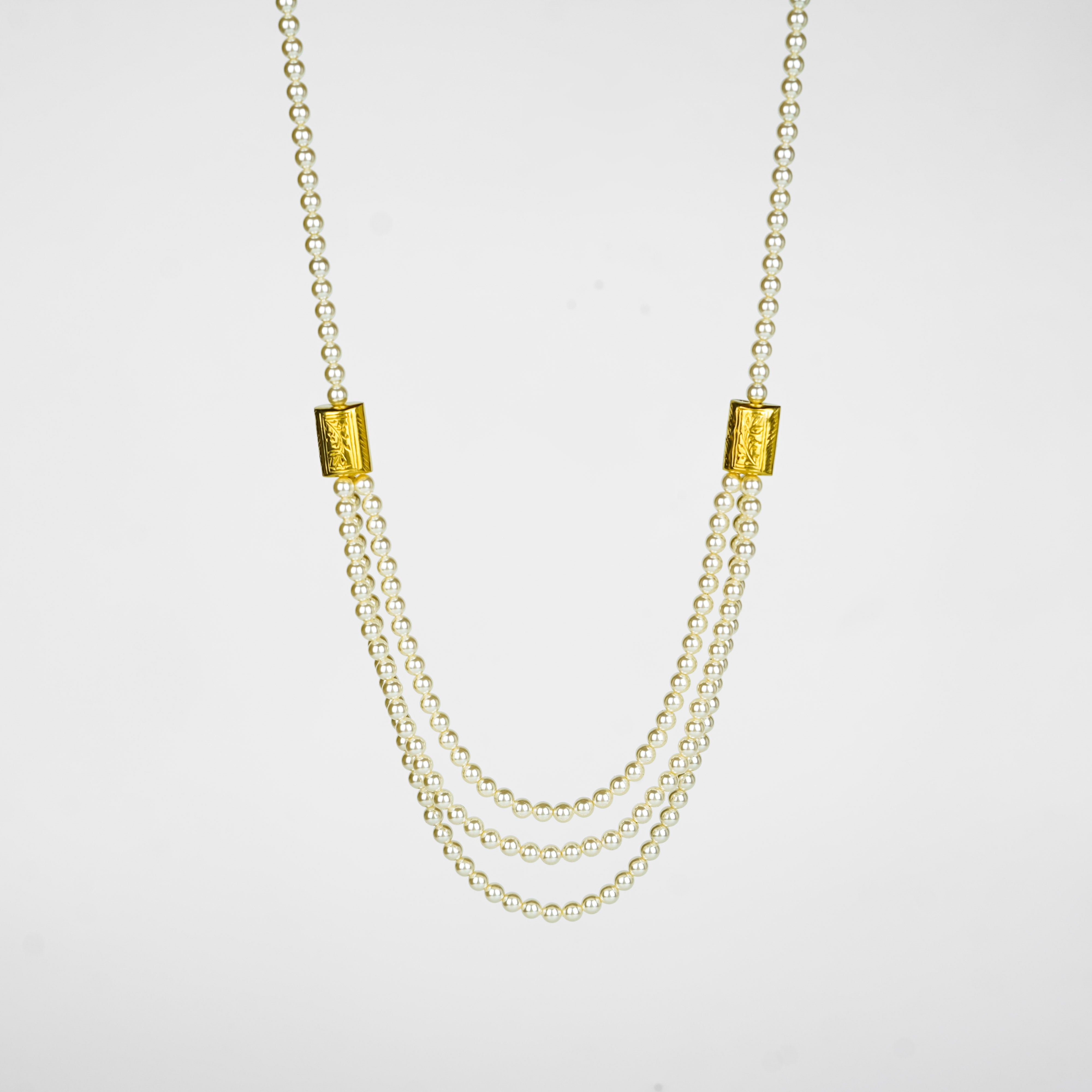 3 Layer Necklace with Carved Bead and Pearls