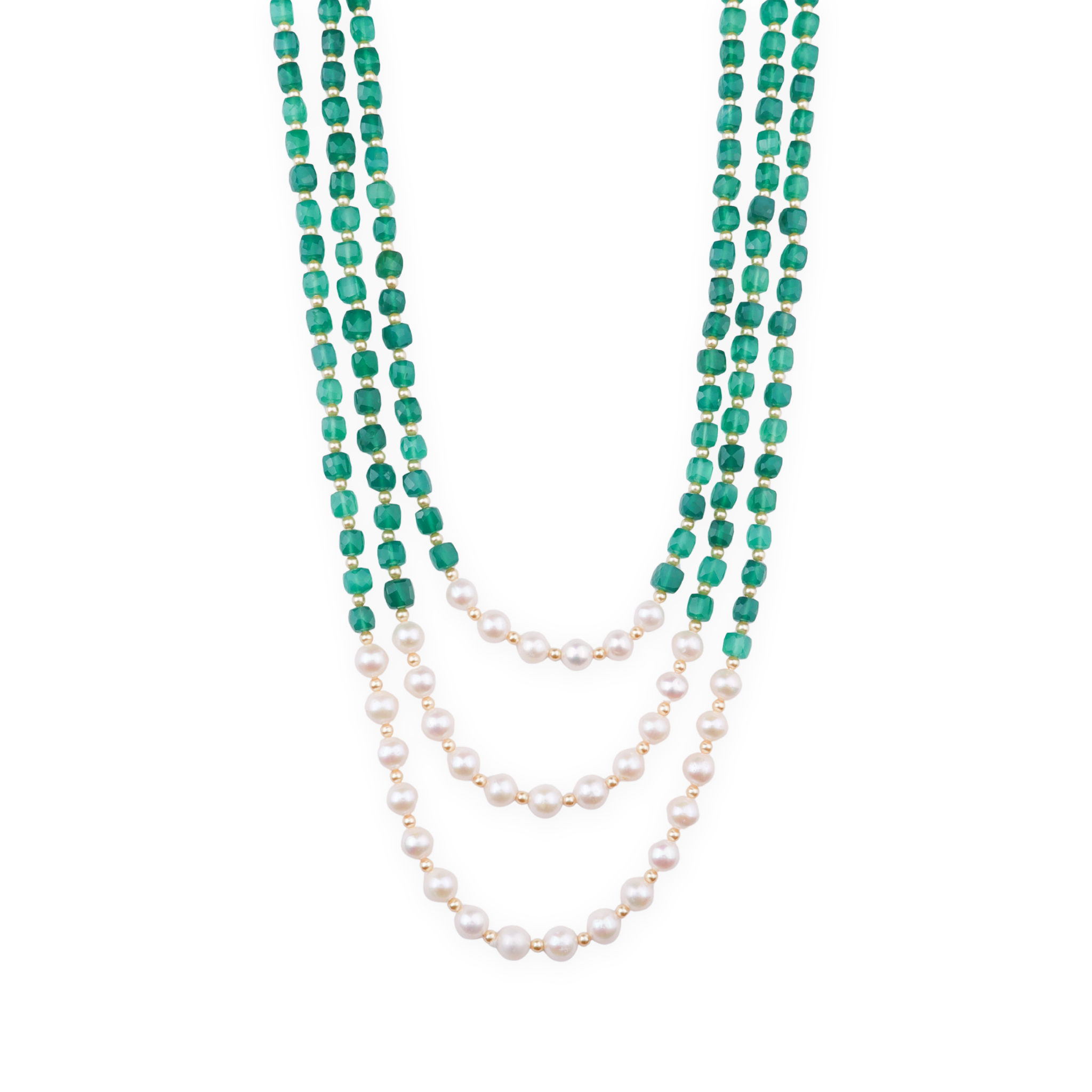 Luxe Necklace - Green Onyx, Fresh Water & Golden Pearls
