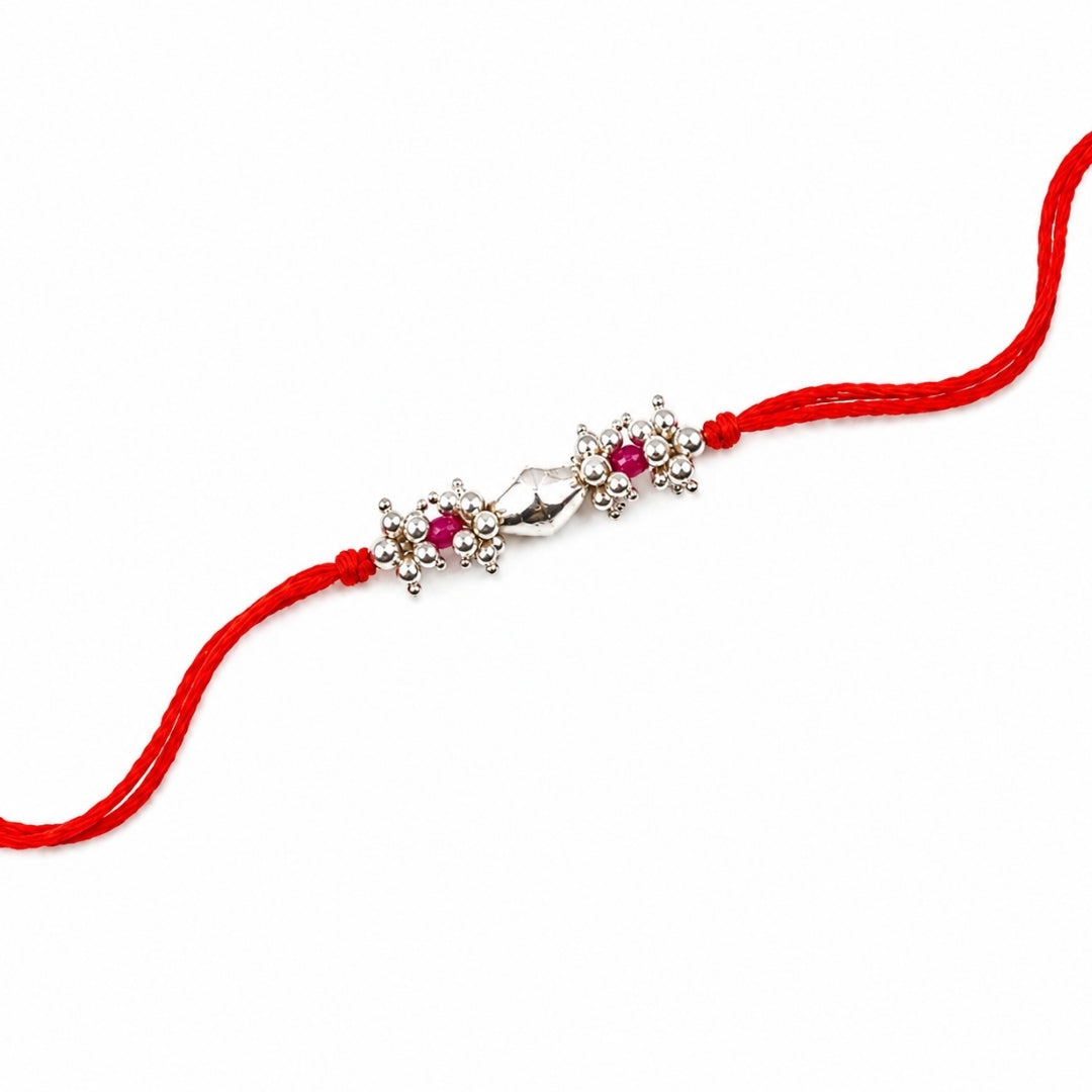 Silver Dholki Bead, Ruby & Pearl Bunch Rakhi (Project Handmade)