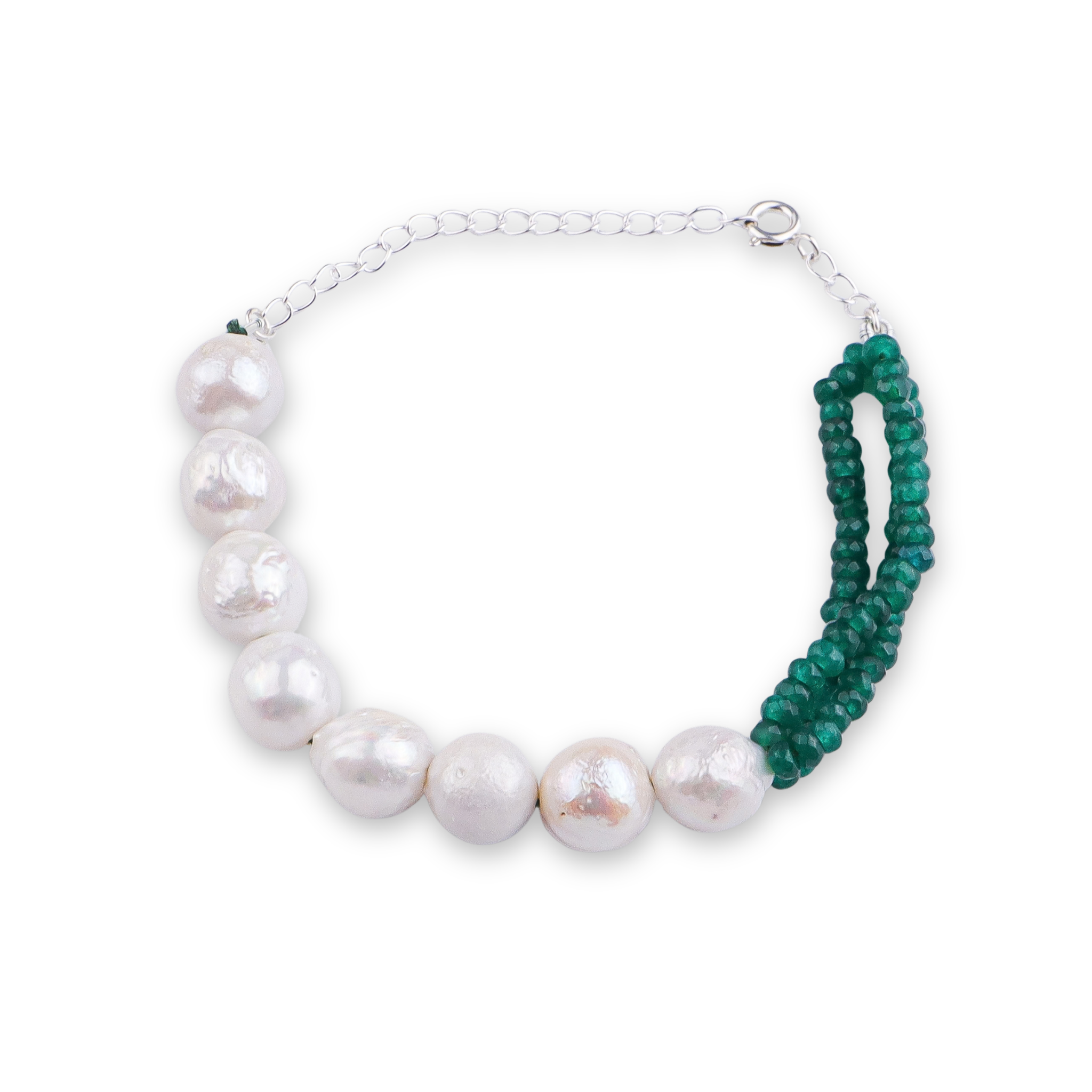 Green Onyx & Baroque Pearl Silver Bracelet (Project Handmade)