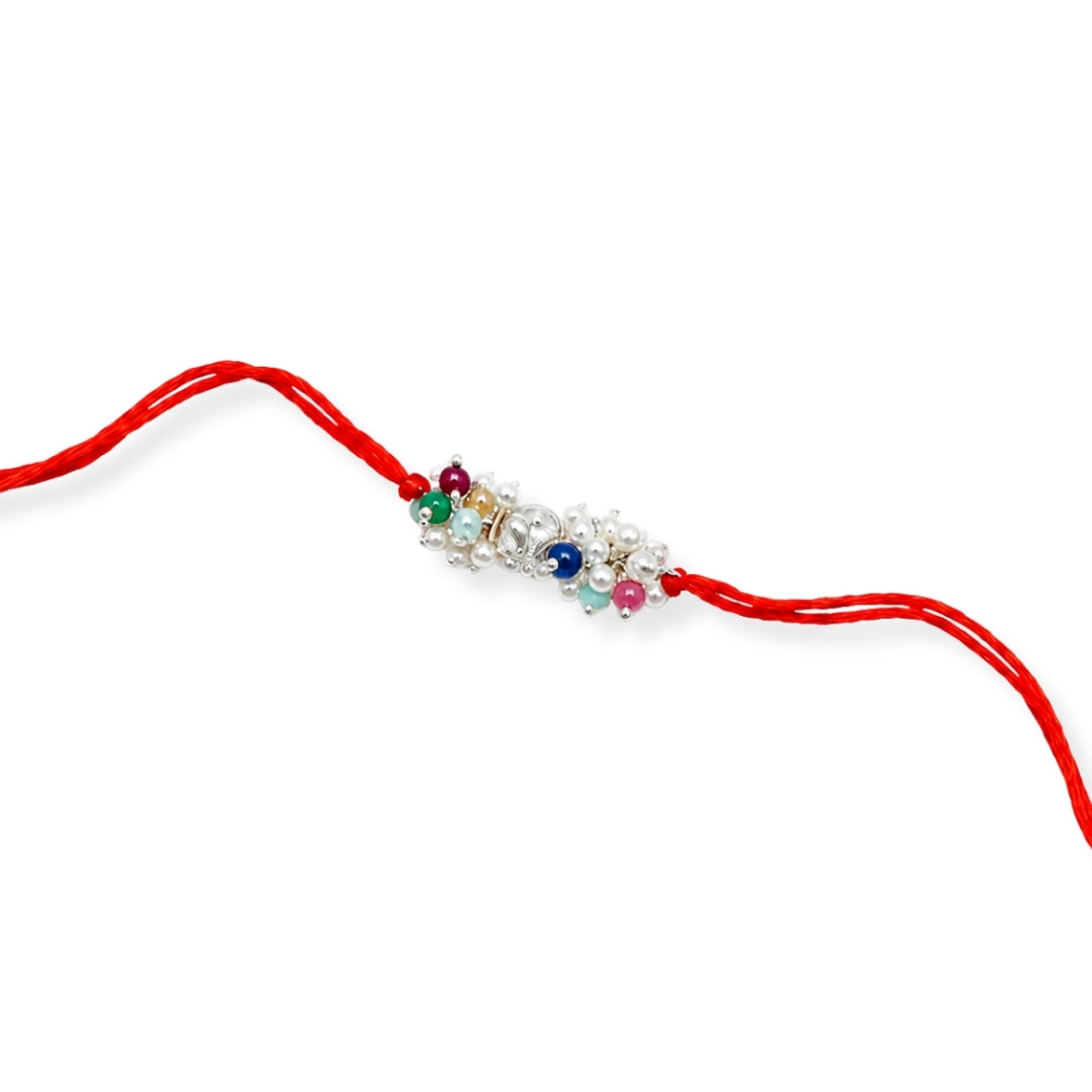 Silver Bead & Multicolour Stone Bunch Rakhi (Project Handmade)