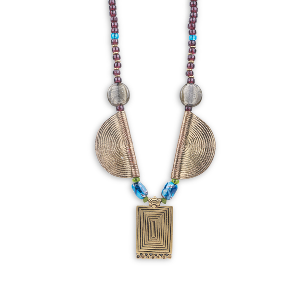 Necklace with Silver Foil Glass Bead, Ceramic Beads & Brass Pendant