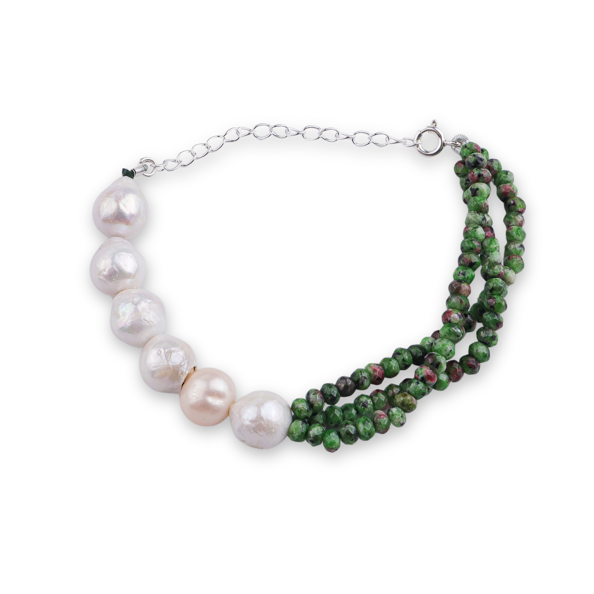 Green Jade & Baroque Pearl Silver Bracelet (Project Handmade)