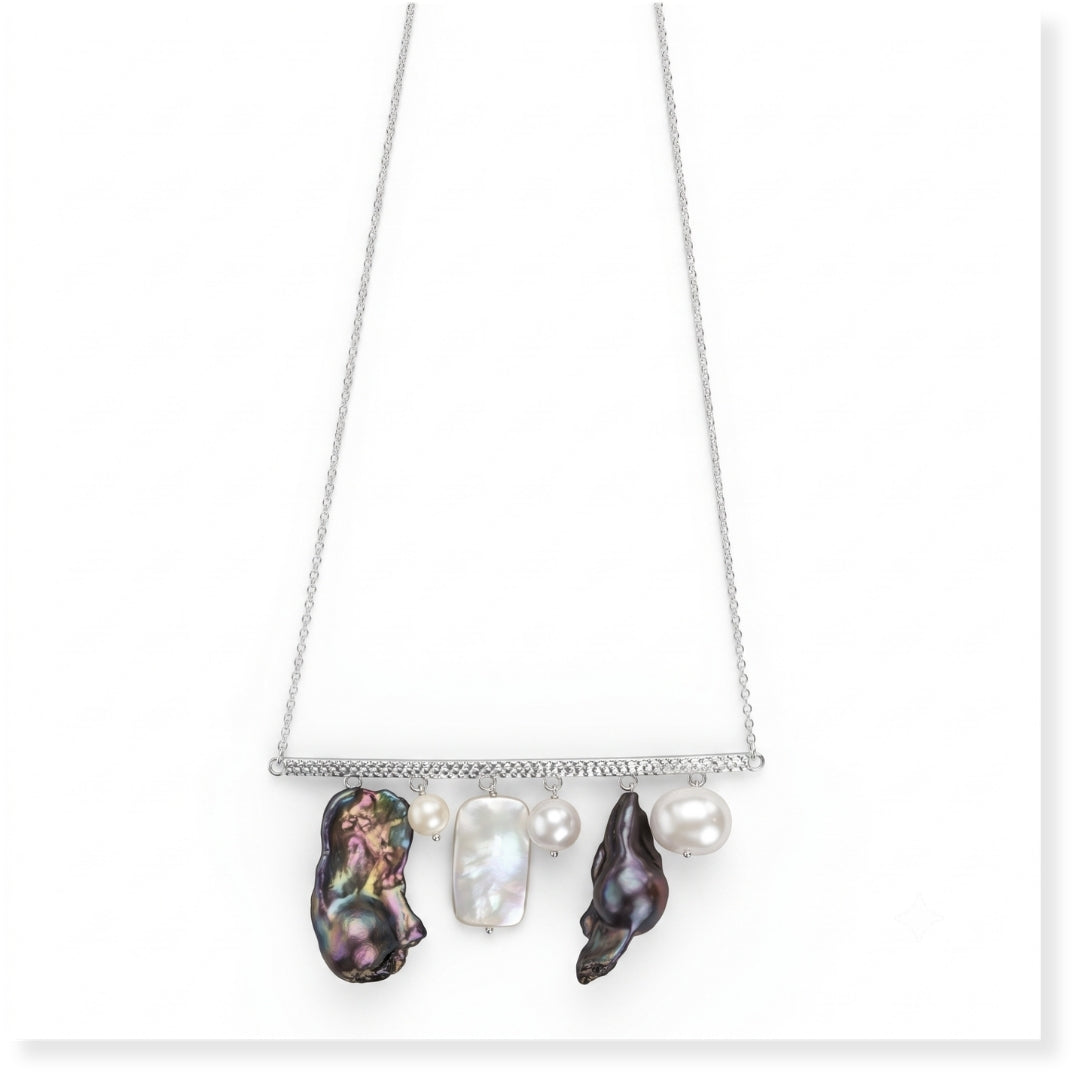 Abstract Pendant Necklace - Black Baroque Pearls and White Pearls (Project Handmade)