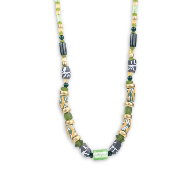 Long Necklace with Silver Foil Glass Bead with Brass, Glass & Hand Painted Ceramic Beads