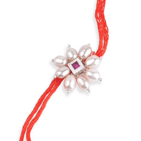 Pink Square & Pearl Handmade Silver Rakhi