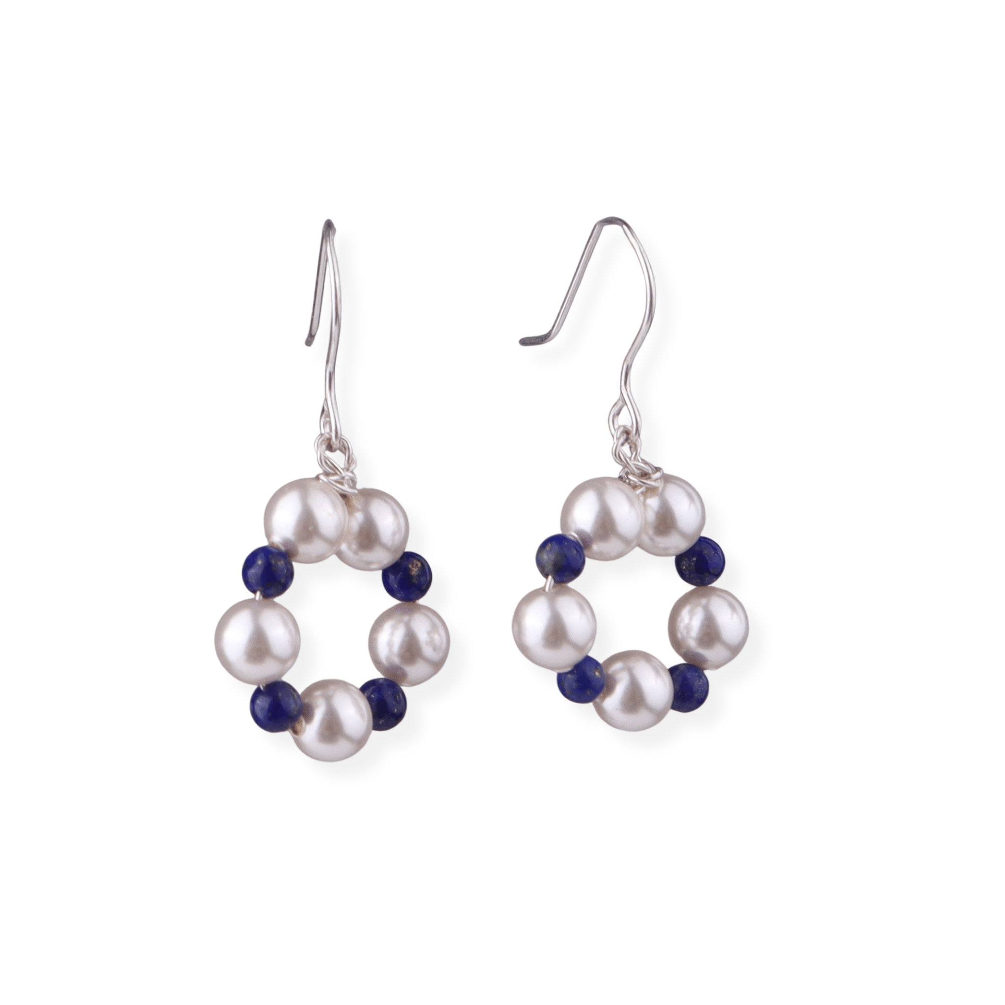 Pearl and lapis lazuli beaded earrings with silver hooks