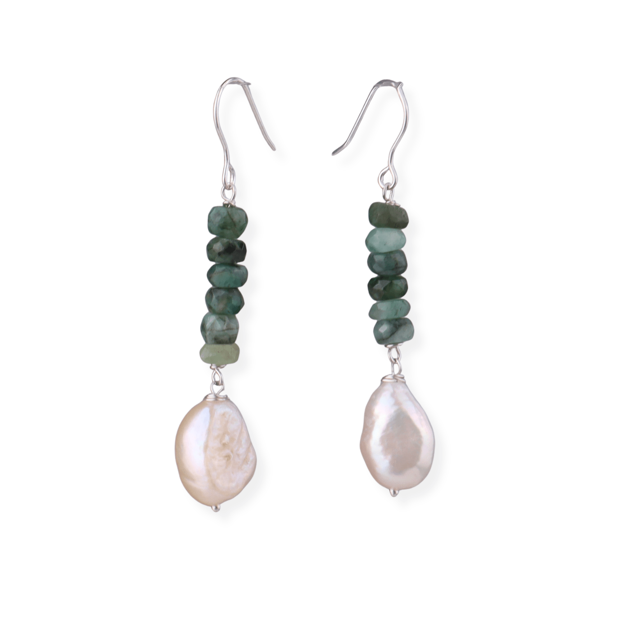 Silver hook earrings with green beads and pearl drops
