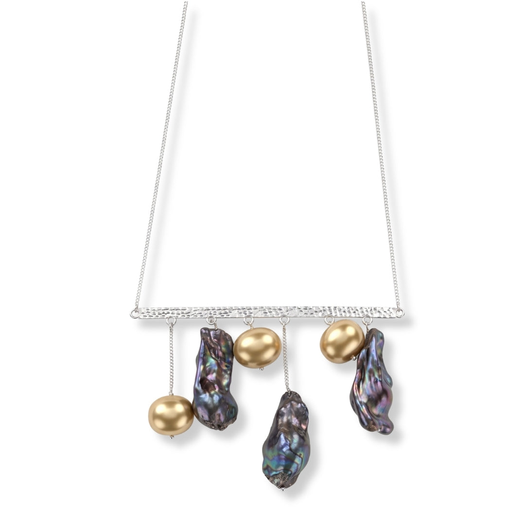 Abstract Pendant Necklace - Black Baroque Pearls and Golden Pearls (Project Handmade)