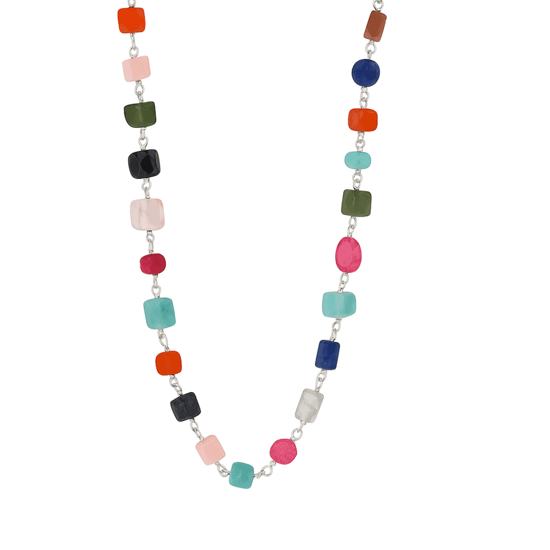 Colorful gemstone beaded necklace, 16 inch silver chain, modern jewelry