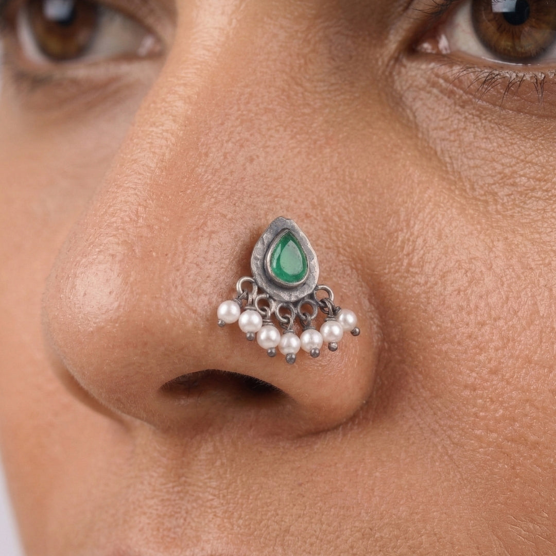 Oxidised Green Drop Pierced Nose Pin (Large)