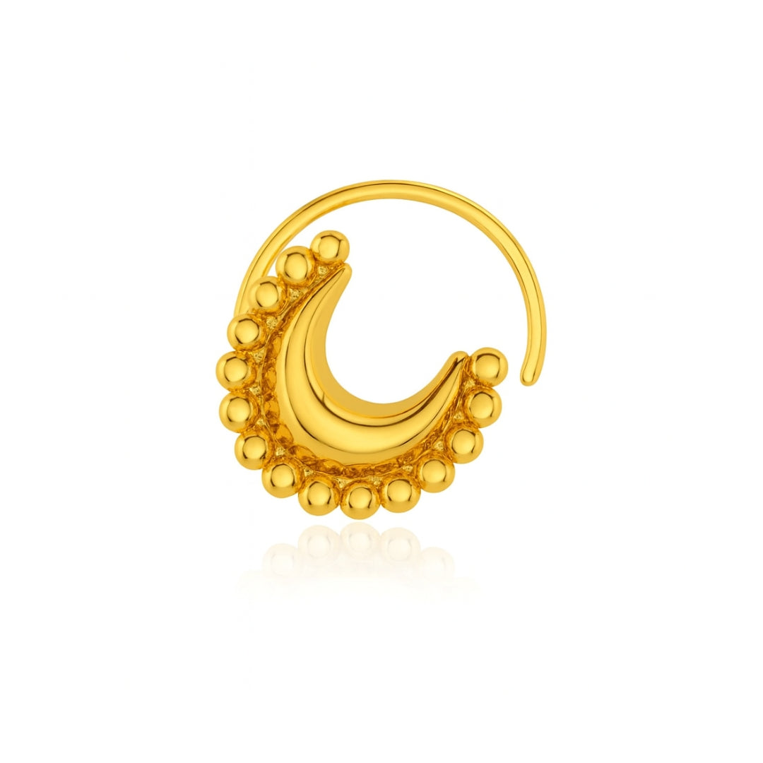 Gold crescent moon nose pin with beaded border for jewelry
