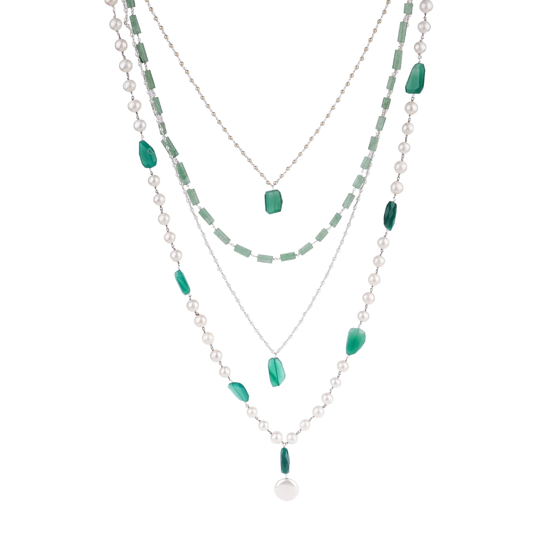 Luxe Necklace - Russian Emrald Stone, Green Onyx & Fresh Water Pearls