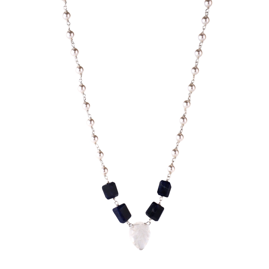 Silver pearl lapis necklace with crystals in 92.5 sterling silver