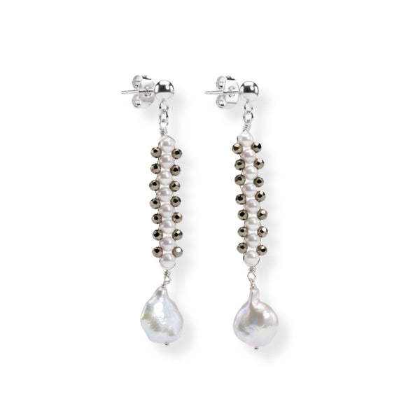 Pyrite & Pearl Silver Earrings (Project Handmade)