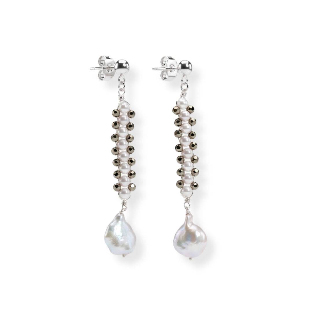 Pyrite & Pearl Silver Earrings in 92.5 sterling silver