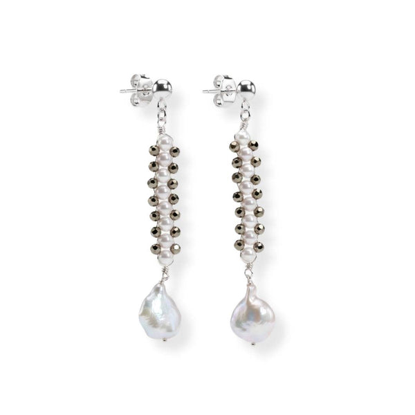 Pyrite & Pearl Silver Earrings in 92.5 sterling silver