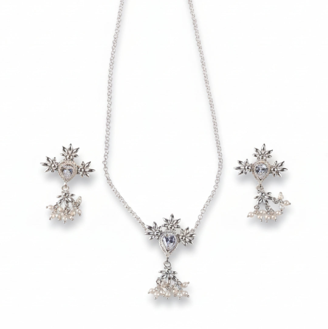 Silver CZ Flower Tanmani Set with Pearls