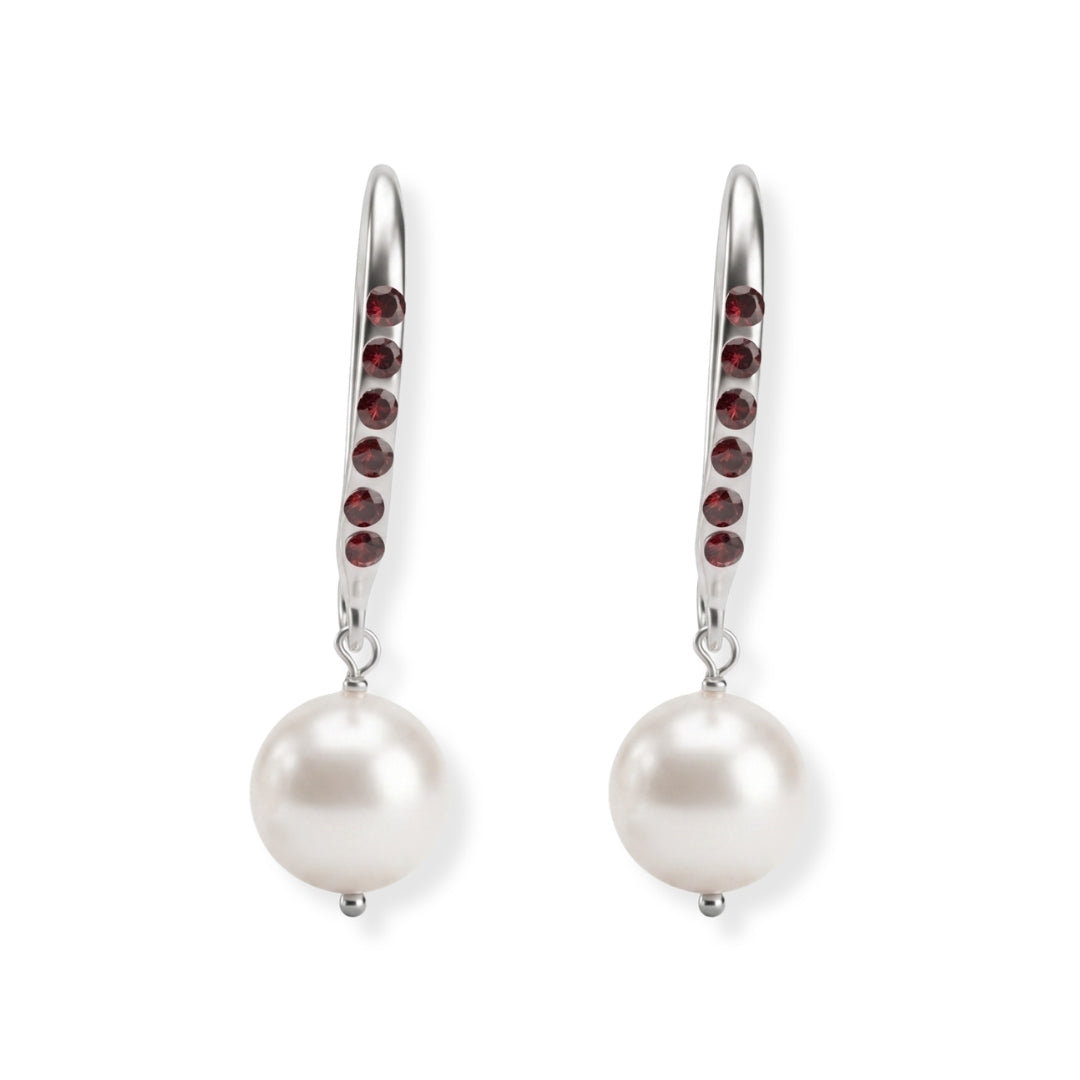 Silver Dangle Pearl Earrings with Red CZ Stones