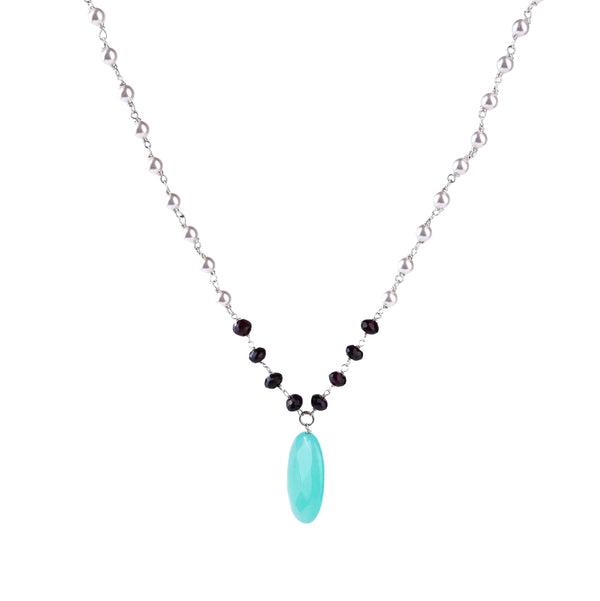 Silver Pearl Ganthan Necklace With Multi-color Stone