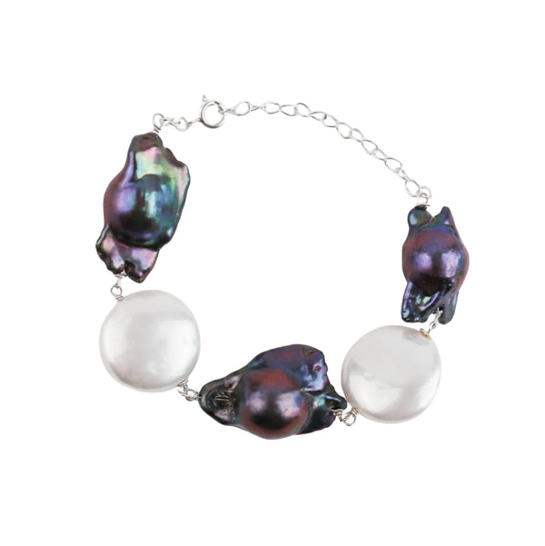 Front view of Pearl Silver Ganthan Bracelet in 92.5 sterling silver featuring lustrous pearls and delicate chain design
