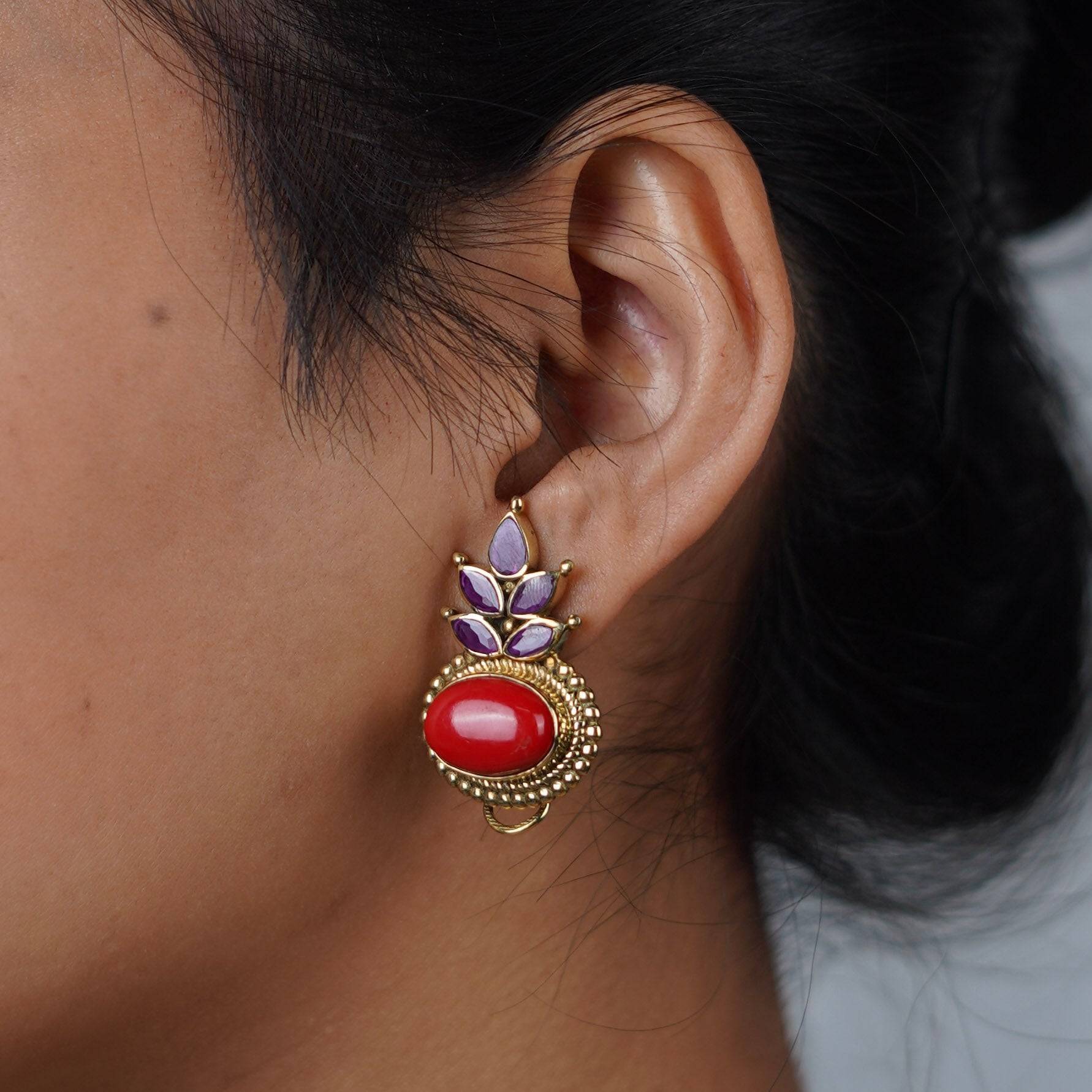 Model wearing Brass Fashion Earrings for a stylish and contemporary fashion jewellery look