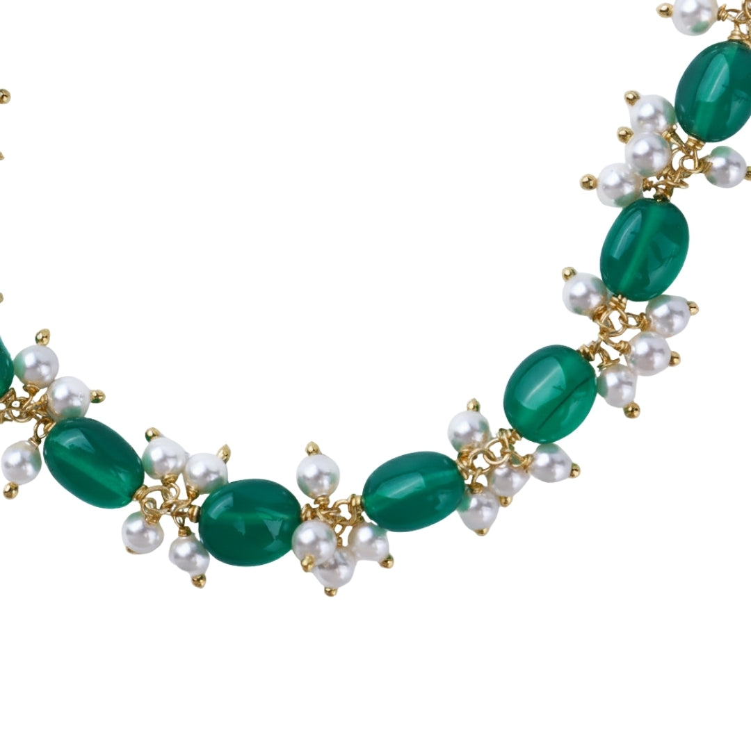 Luxe Necklace - Green Onyx and Pearls | 92.5 Silver | 22k Gold Plated