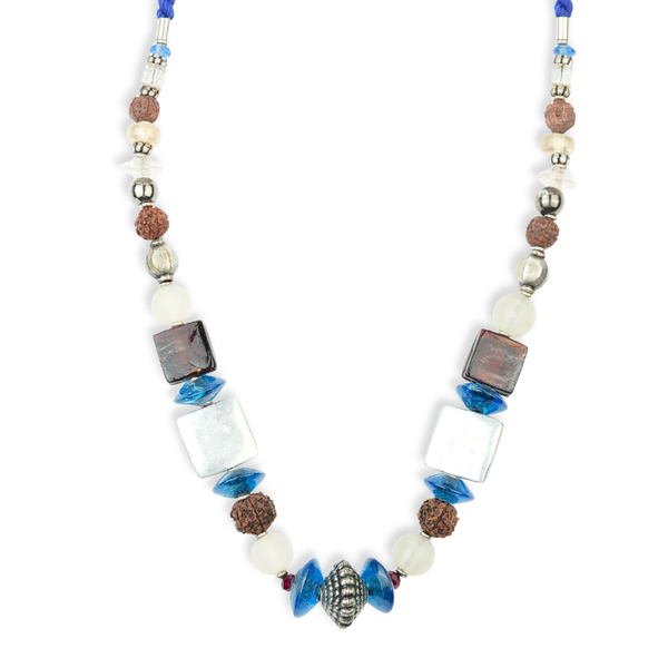 Silver Foil, Rudraksha and Glass Bead Necklace