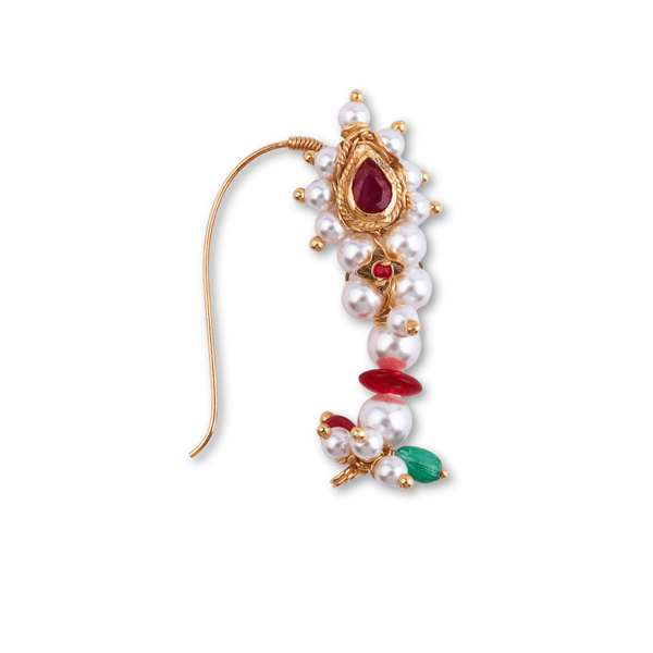 Gold-plated pearl and ruby nose ring with colorful beads